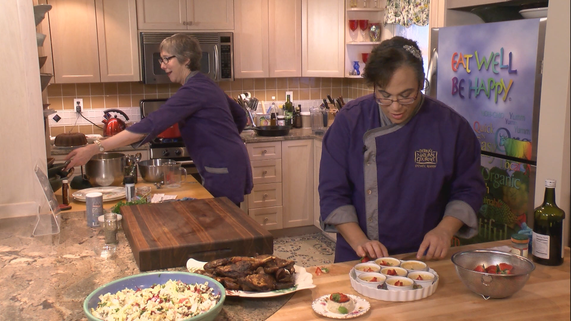 Eat Well, Be Happy 308-Roast duck and potatoes, Steamed veggies, Strawberry Custard